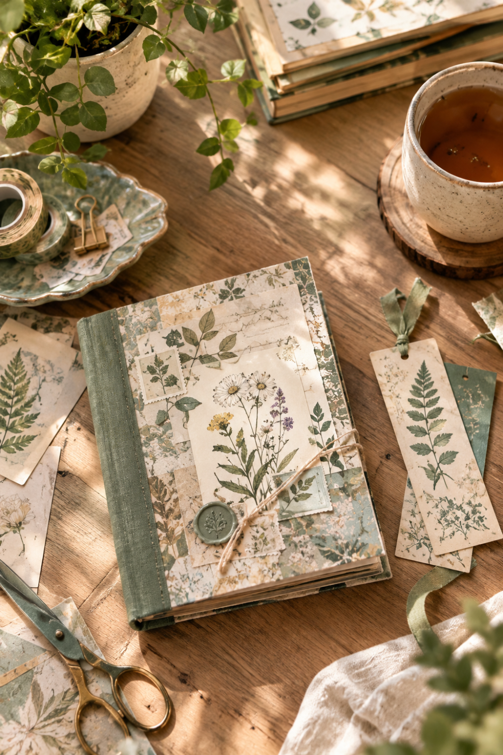 botanical notebook lying on the craft wooden table
