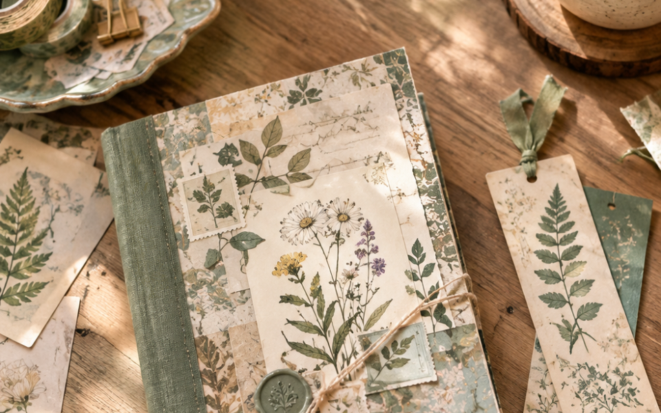 botanical notebook lying on the craft wooden table