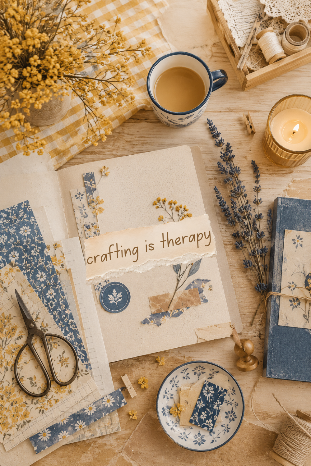 Top-down view of a cozy craft desk with a journal, floral paper scraps, scissors, washi tape, dried flowers, thread, and stationery in mustard yellow, dusty blue, cream, and natural wood tones. The journal features the words “crafting is therapy.”