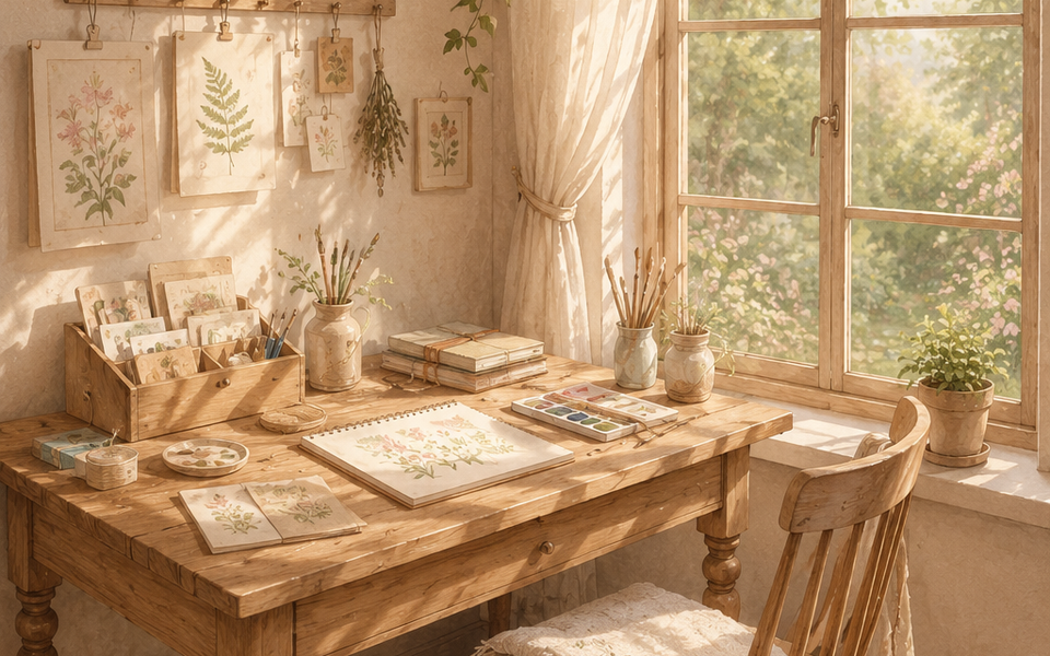 Útulný craft room s dreveným stolom, dekoráciami a prirodzeným svetlom, ideálny na scrapbooking, journaling a handmade tvorenie.