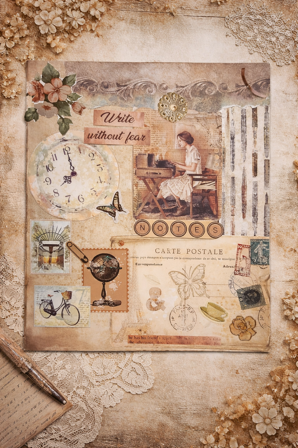 Vintage scrapbook koláž z papiera s kvetmi a ženským motívom – handmade obraz