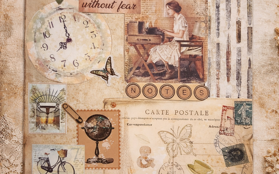 Vintage scrapbook koláž z papiera s kvetmi a ženským motívom – handmade obraz