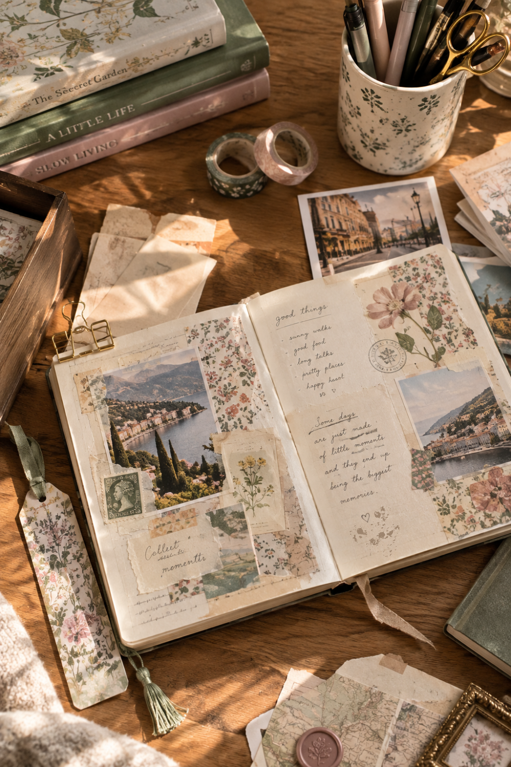 A romantic creative journaling workspace featuring an open decorated notebook, floral ephemera, travel photographs, vintage papers, stationery, ribbons and decorative craft supplies.