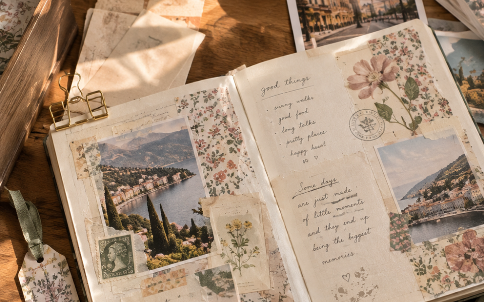 A romantic creative journaling workspace featuring an open decorated notebook, floral ephemera, travel photographs, vintage papers, stationery, ribbons and decorative craft supplies.