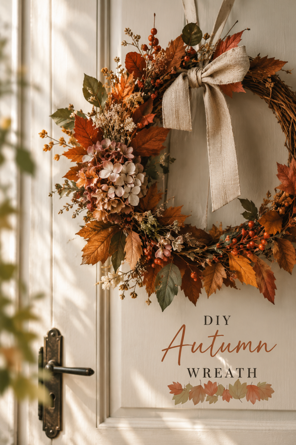 Autumn wreath with warm fall foliage, dried flowers and a linen ribbon on a light door.