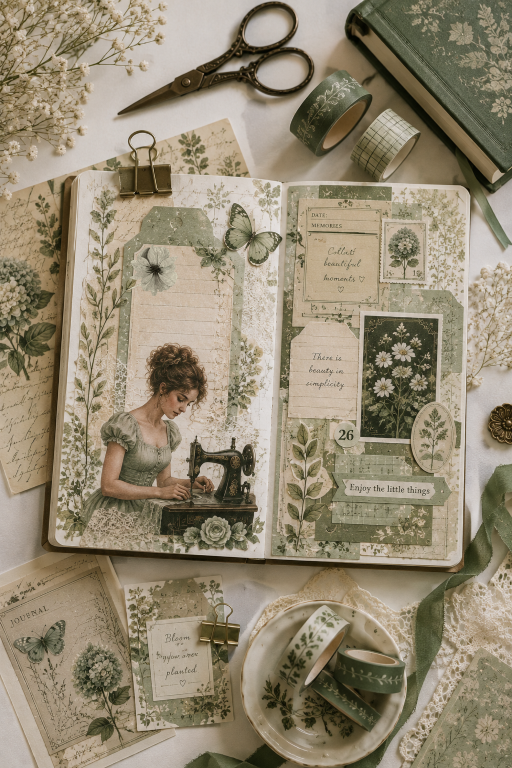 Šalviovo zelená stránka vintage junk journalu/scrapbo s vrstvenými papiermi s botanickými vzormi, vintage kvetinovou efemérou, motýľmi a washi páskami, obklopená potrebami na journaling.