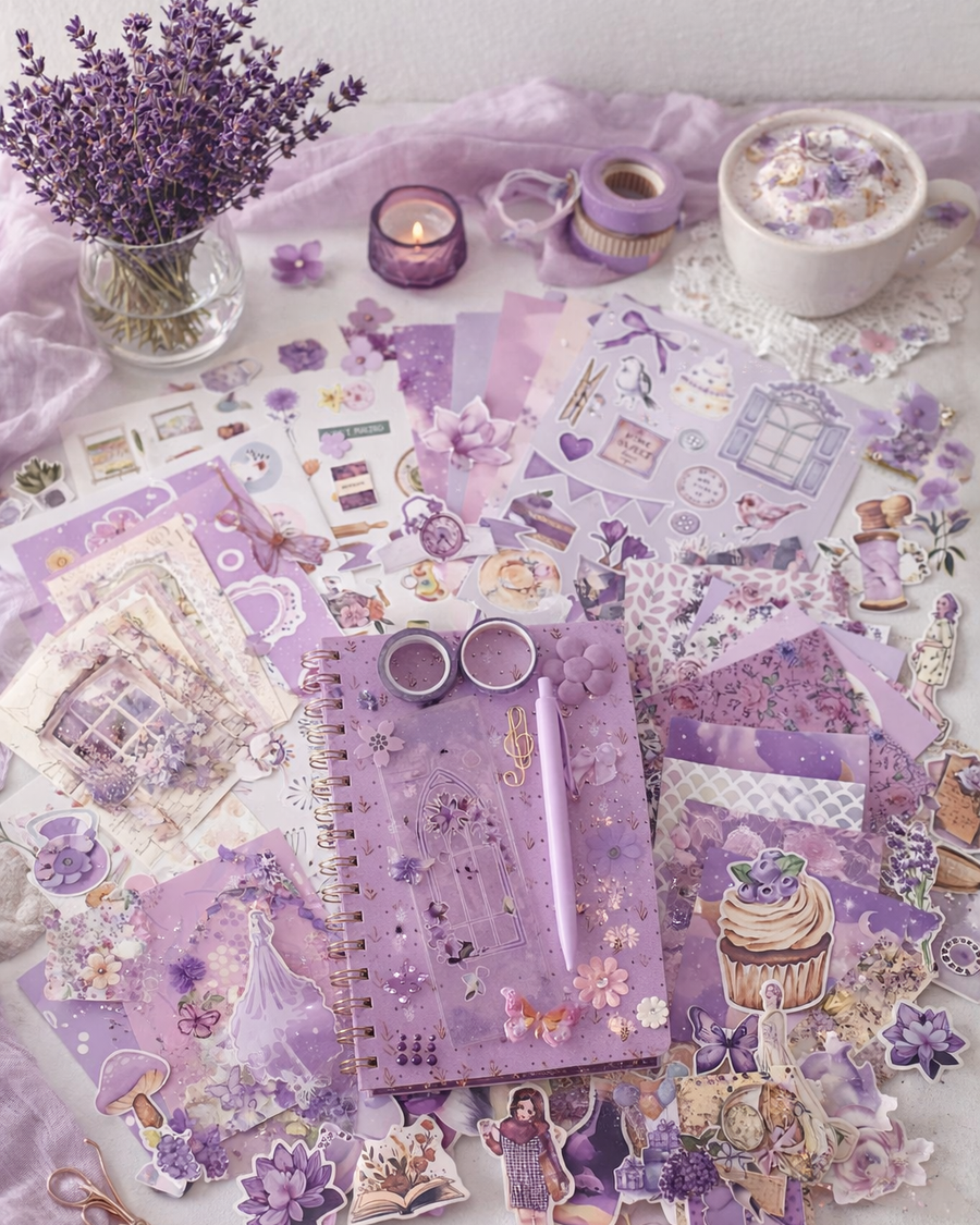 fialový darček na tvorenie scrapbooking koláže journaling