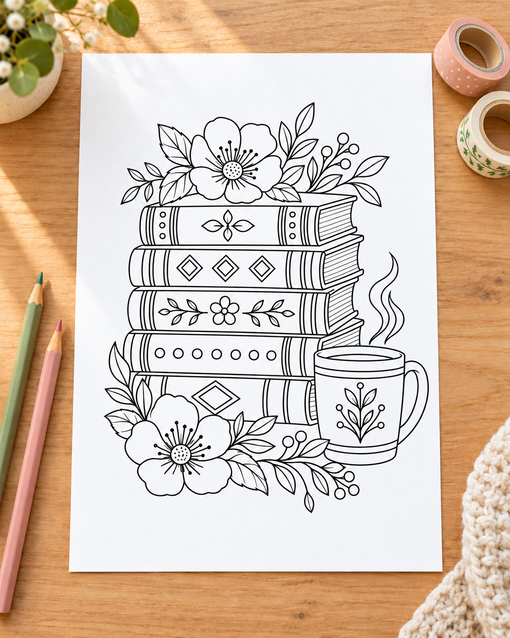 Black-and-white coloring page featuring a stack of decorative books, a cup of coffee, and flowers