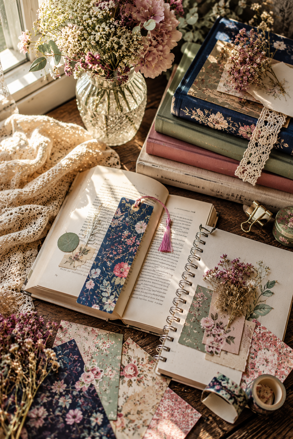 Cozy overhead photo of books, a handmade floral bookmark, reading journal, dried flowers, and scrapbooking papers arranged on a sunlit wooden desk.
