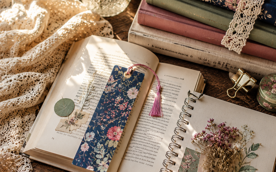 Cozy overhead photo of books, a handmade floral bookmark, reading journal, dried flowers, and scrapbooking papers arranged on a sunlit wooden desk.