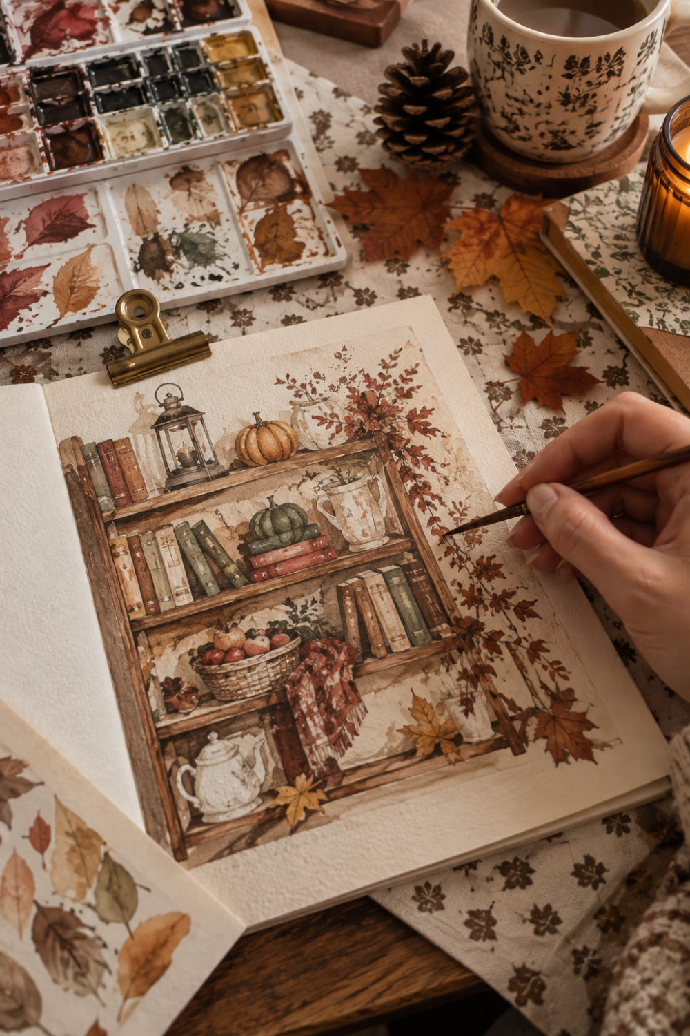 Hand painting a cozy autumn bookshelf scene with watercolors and seasonal craft supplies.