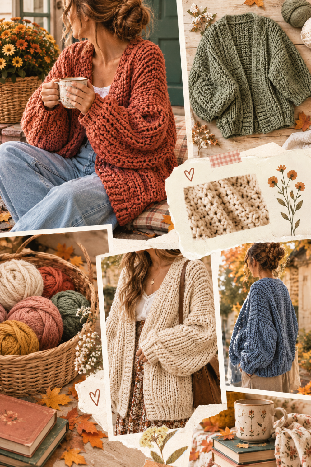 collage of handmade knitted, crocheting cardigans in autumn colors