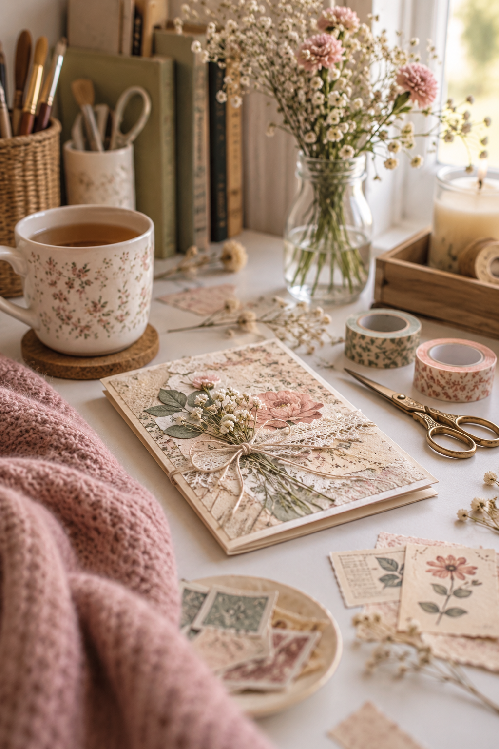 Vintage handmade card-making scene with hands creating a floral scrapbook card on a softly lit wooden table, surrounded by patterned papers, washi tape, scissors and paper craft supplies in muted pink, sage and cream tones.