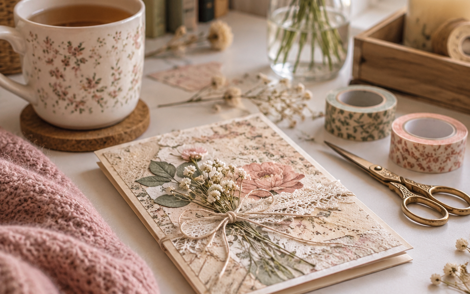 Vintage handmade card-making scene with hands creating a floral scrapbook card on a softly lit wooden table, surrounded by patterned papers, washi tape, scissors and paper craft supplies in muted pink, sage and cream tones.