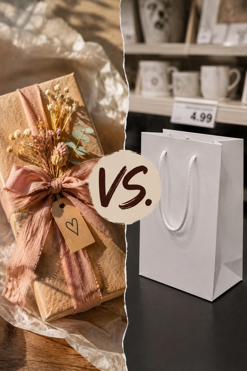 A handmade personalised gift with a soft pink ribbon and dried flowers is contrasted with a plain white store-bought gift bag, illustrating the difference between handmade and mass-produced gifts.