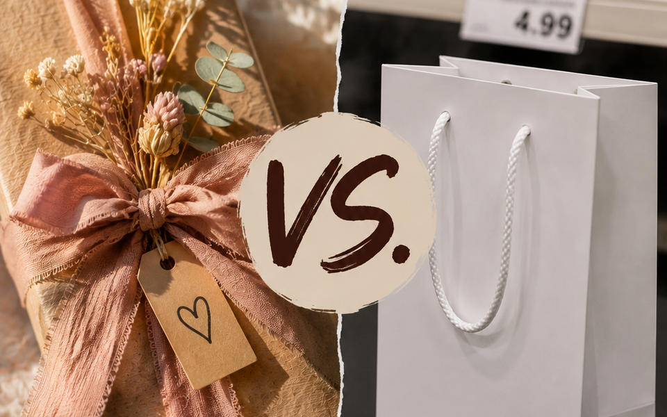 A handmade personalised gift with a soft pink ribbon and dried flowers is contrasted with a plain white store-bought gift bag, illustrating the difference between handmade and mass-produced gifts.