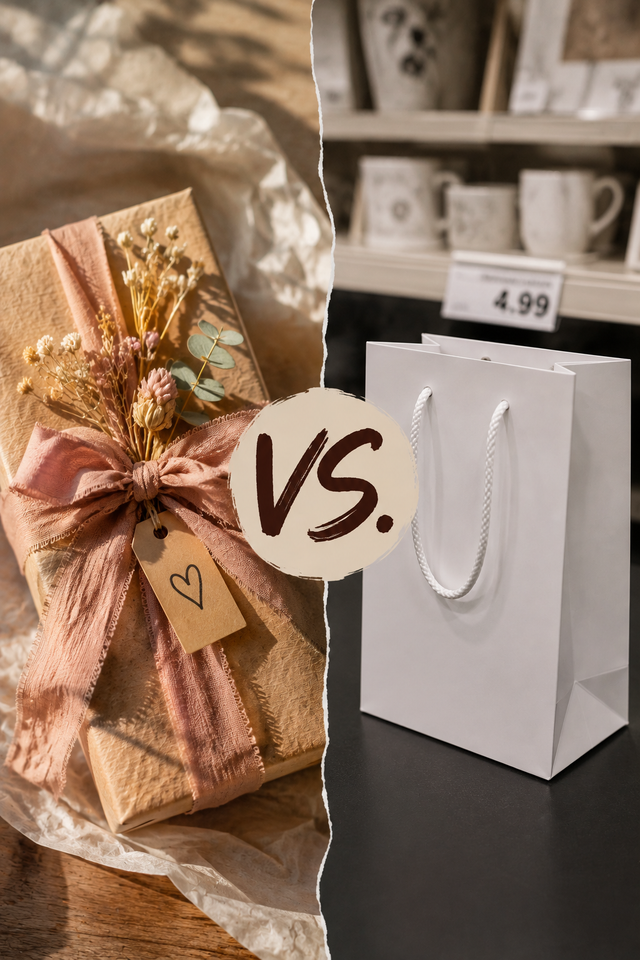 A handmade personalised gift with a soft pink ribbon and dried flowers is contrasted with a plain white store-bought gift bag, illustrating the difference between handmade and mass-produced gifts.