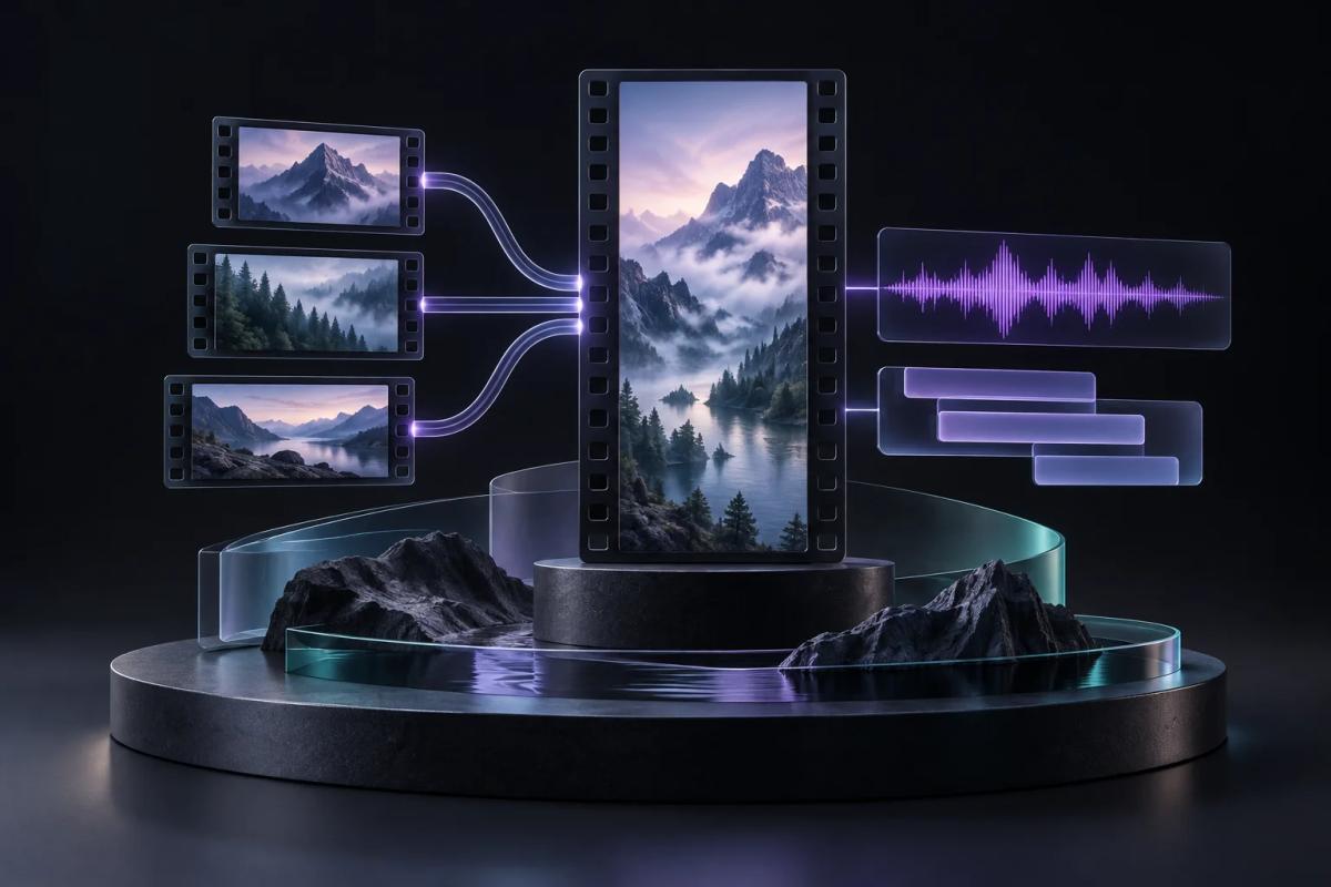 Concept: source clips, audio and subtitles assembled into a vertical video