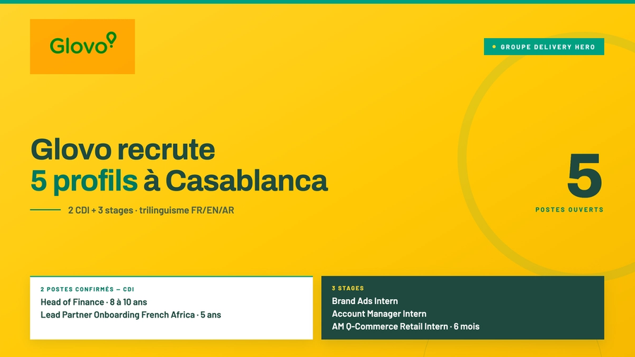 Glovo recrute 5 profils à Casablanca, CDI et stages disponibles