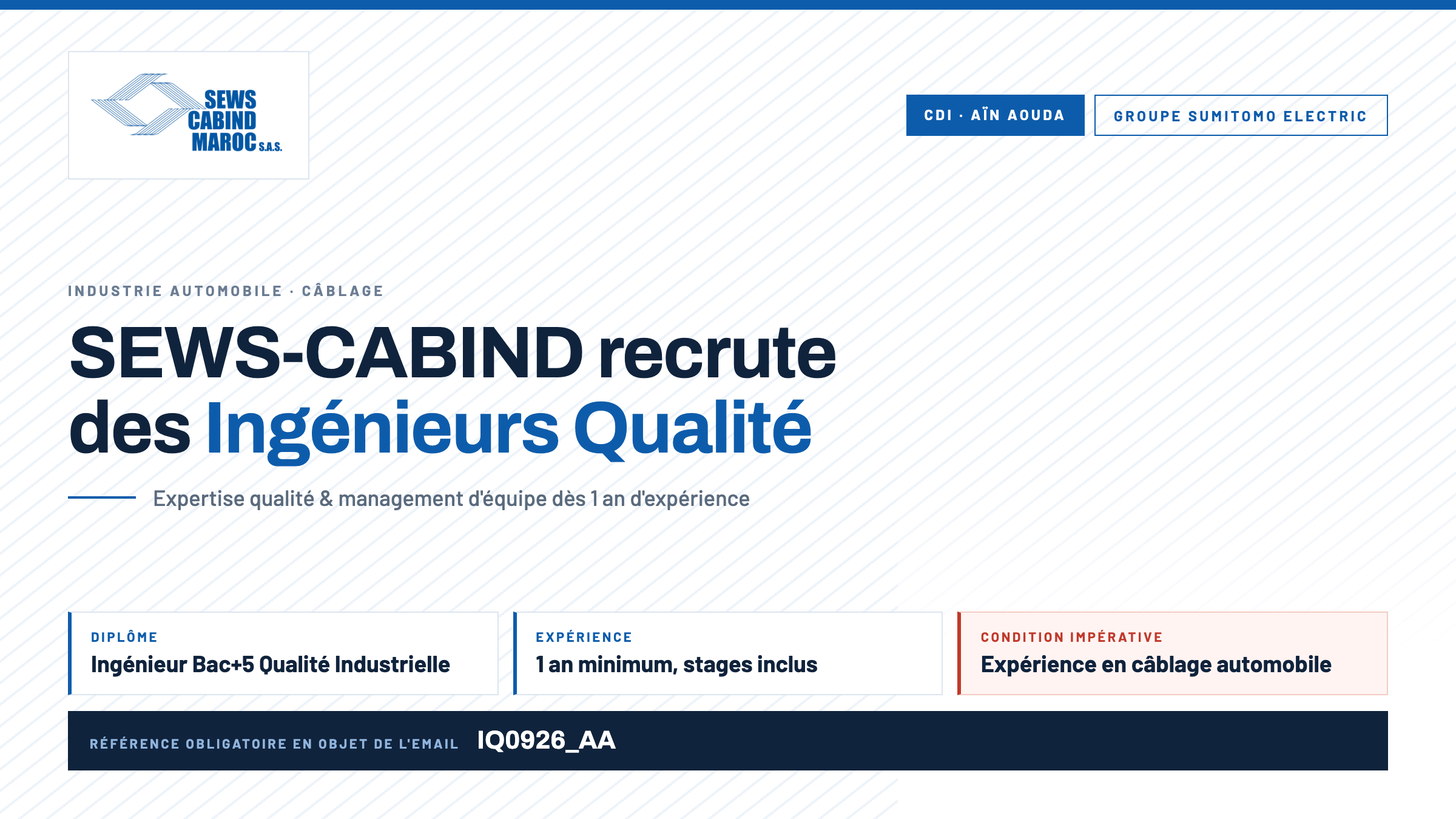 SEWS-CABIND recrute des Ingénieurs Qualité à Aïn Aouda