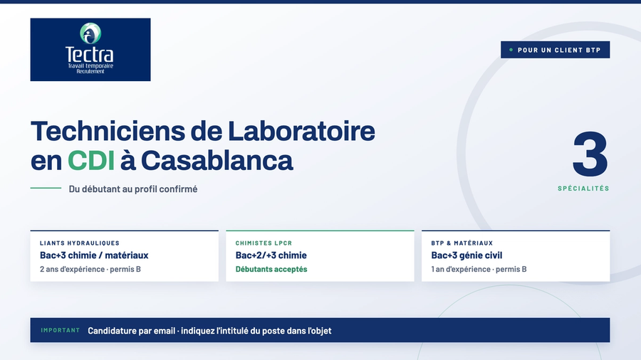 TECTRA recrute plusieurs Techniciens de Laboratoire à Casablanca