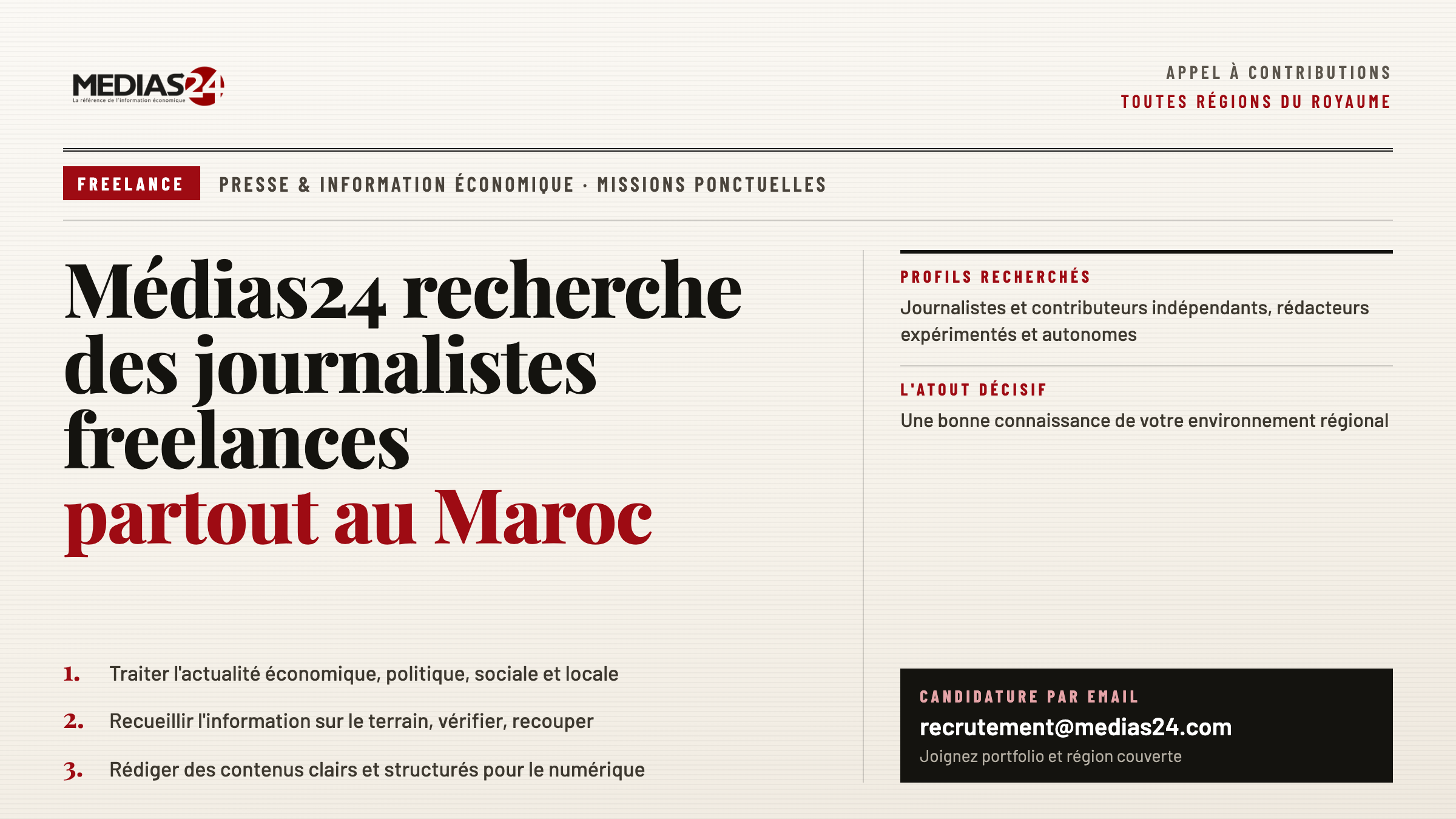Médias24 recherche des journalistes freelances partout au Maroc