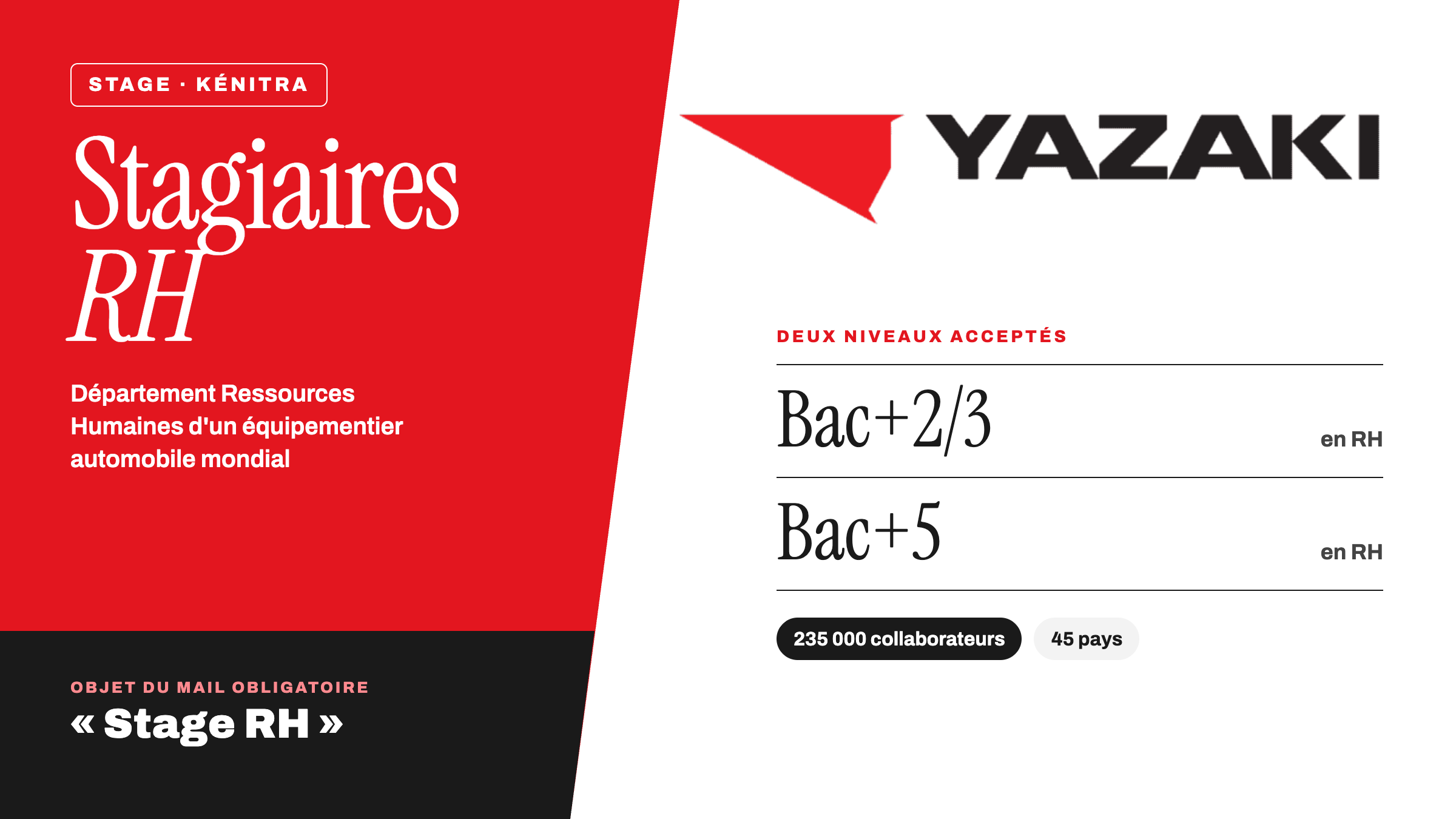 Yazaki recrute des stagiaires RH à Kénitra