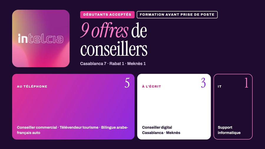 Intelcia recrute : 9 offres de conseillers à Casablanca, Rabat et Meknès