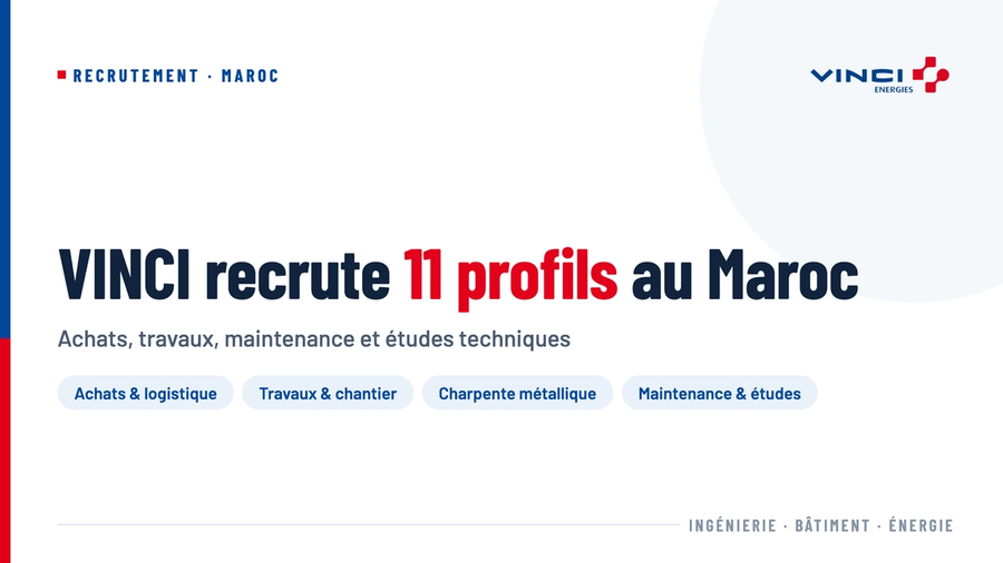 VINCI recrute 11 profils au Maroc : achats, travaux, maintenance et études techniques