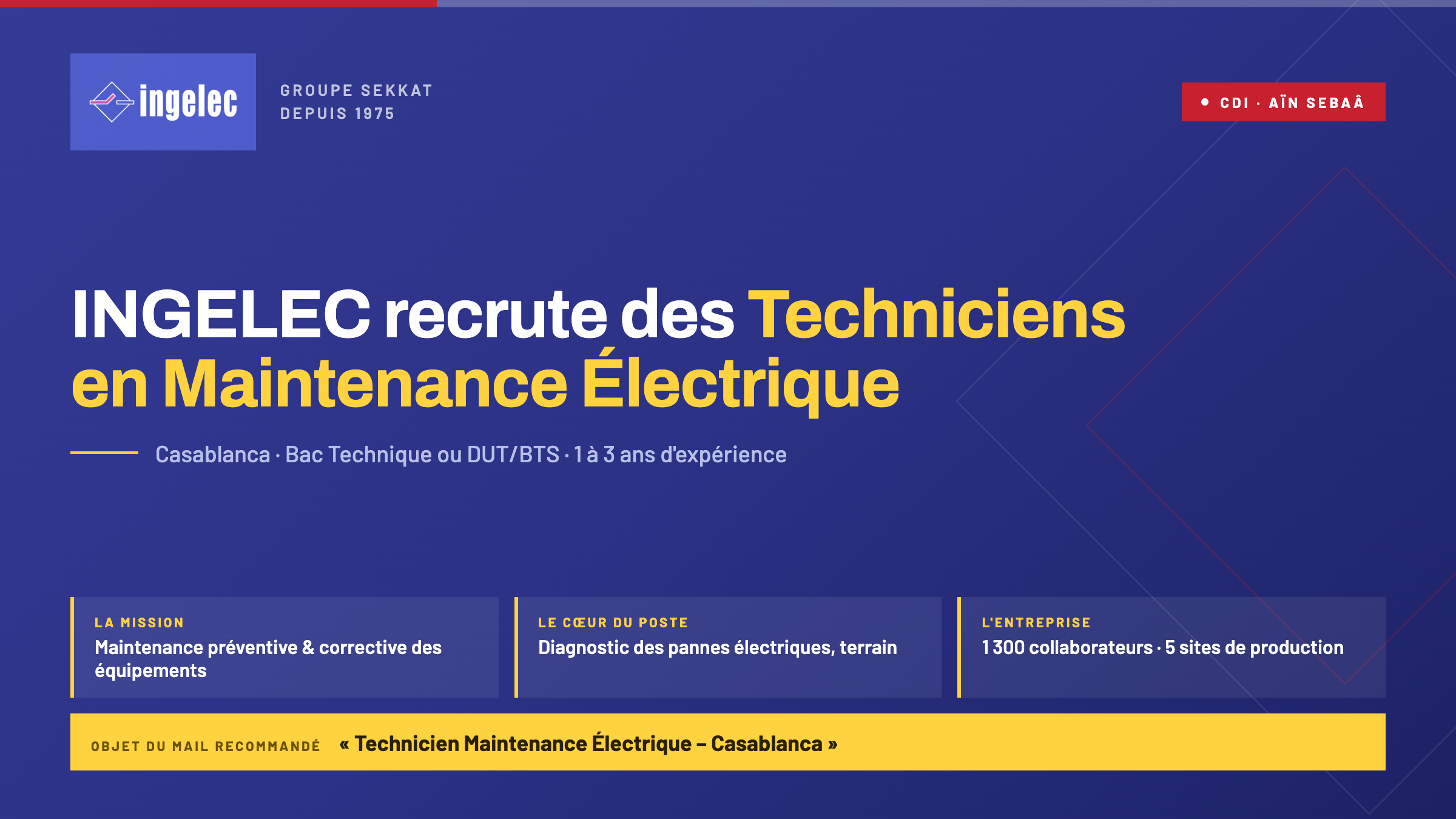 INGELEC recrute des Techniciens en Maintenance Électrique à Casablanca