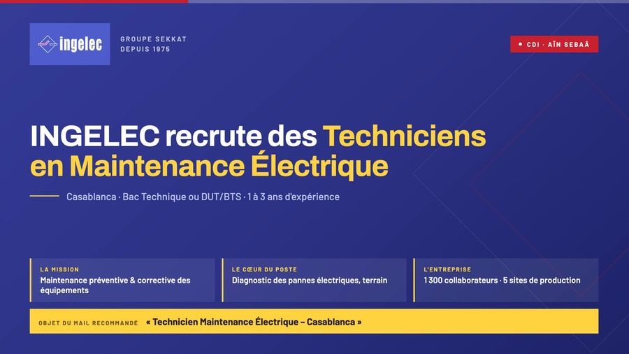 INGELEC recrute des Techniciens en Maintenance Électrique à Casablanca