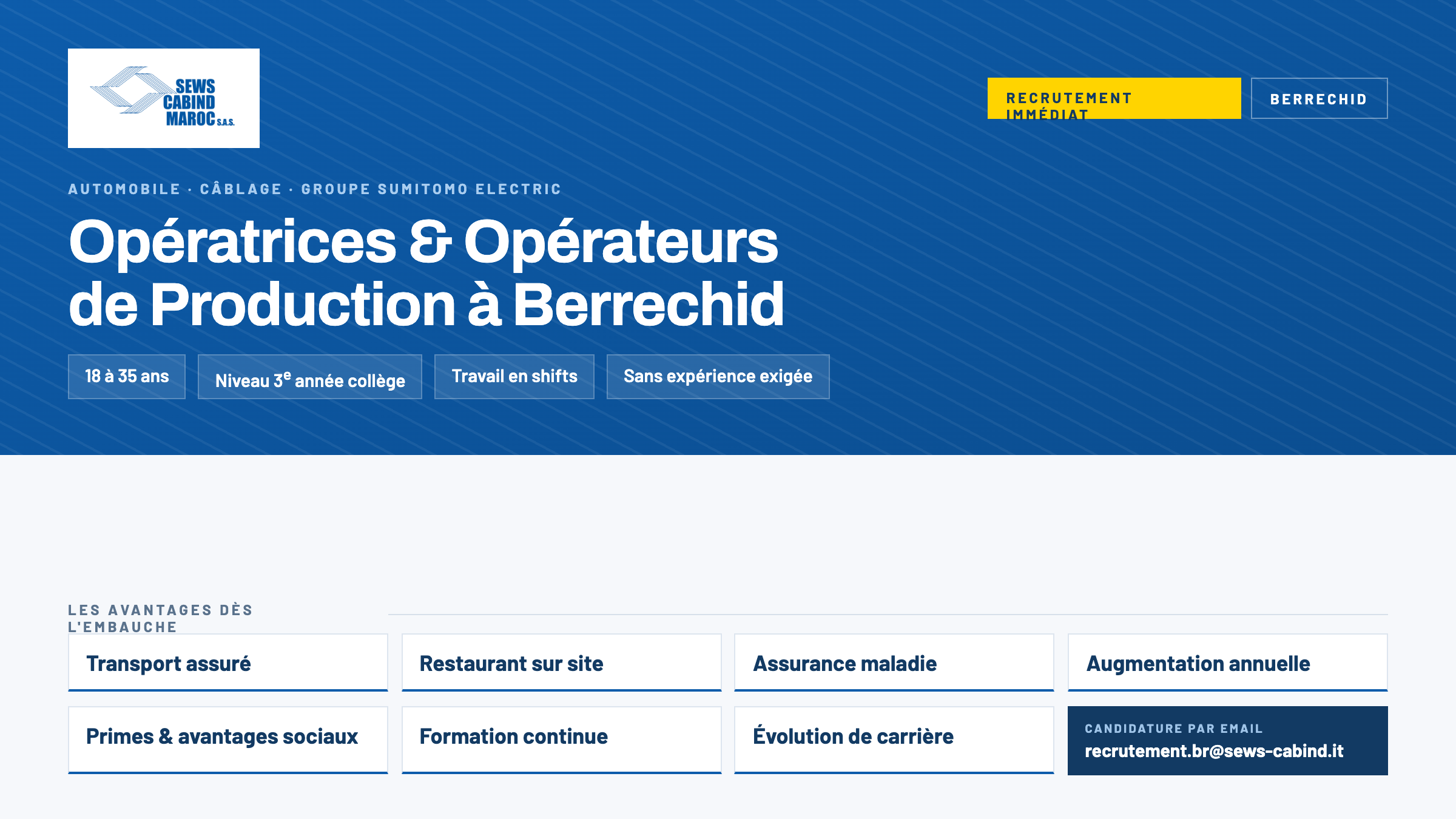 SEWS-CABIND lance un recrutement immédiat à Berrechid