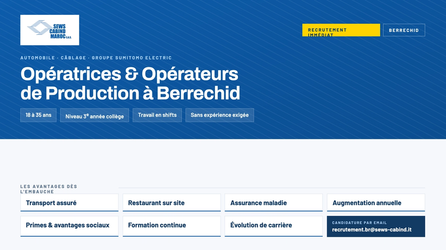 SEWS-CABIND lance un recrutement immédiat à Berrechid