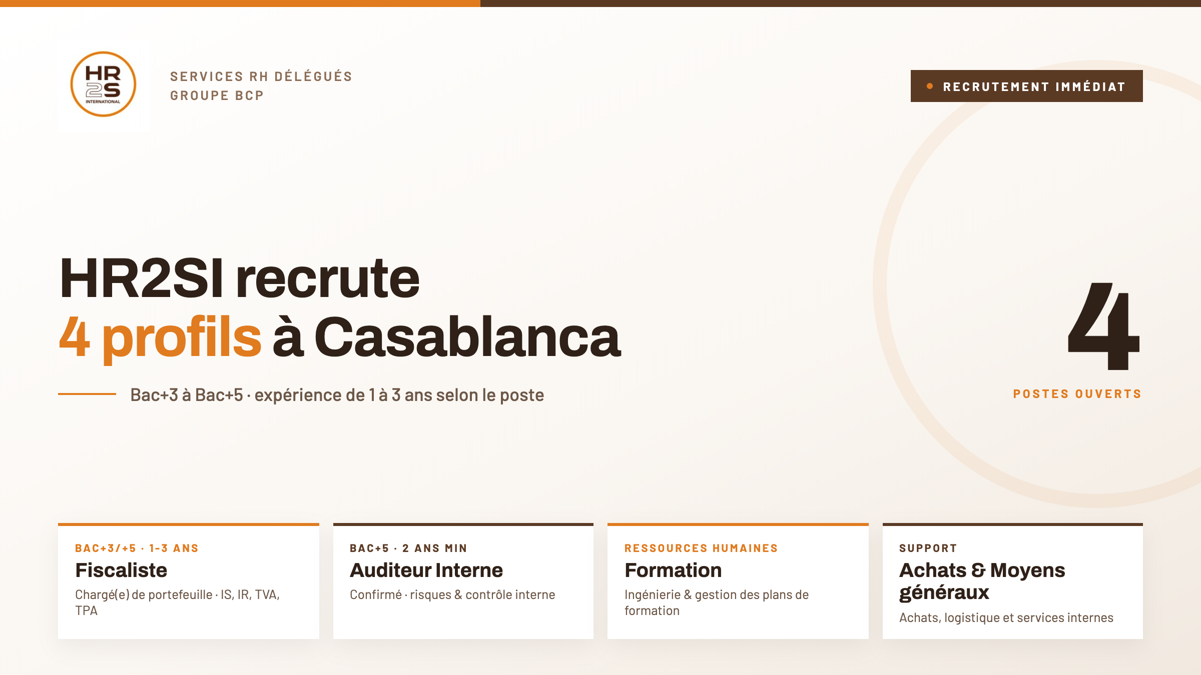 HR2SI recrute 4 profils à Casablanca : fiscalité, audit, formation et achats
