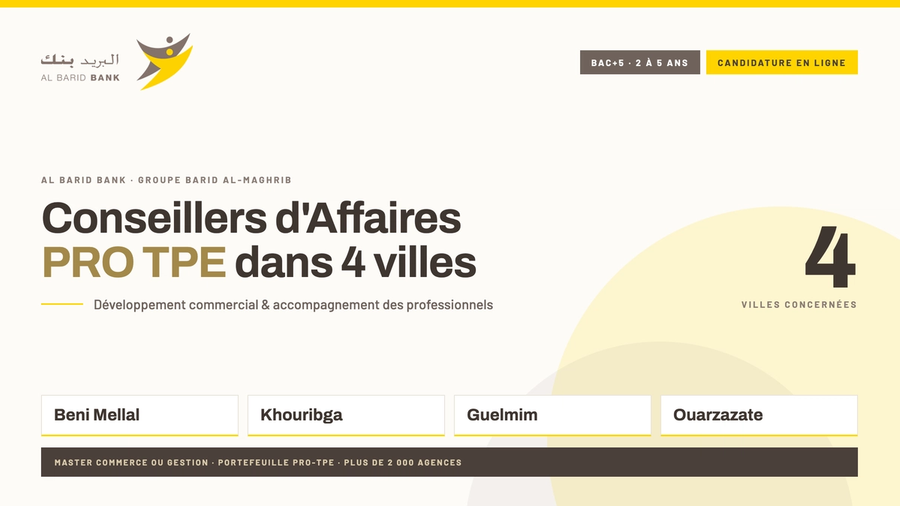 Al Barid Bank recrute des Conseillers d'Affaires PRO TPE dans quatre villes