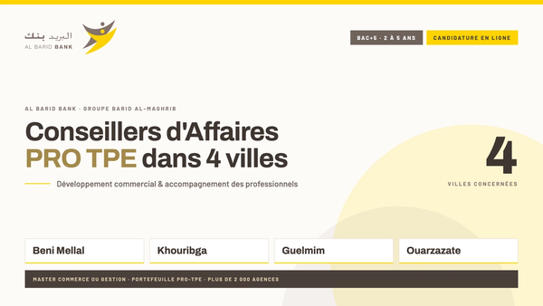 Al Barid Bank recrute des Conseillers d'Affaires PRO TPE dans quatre villes