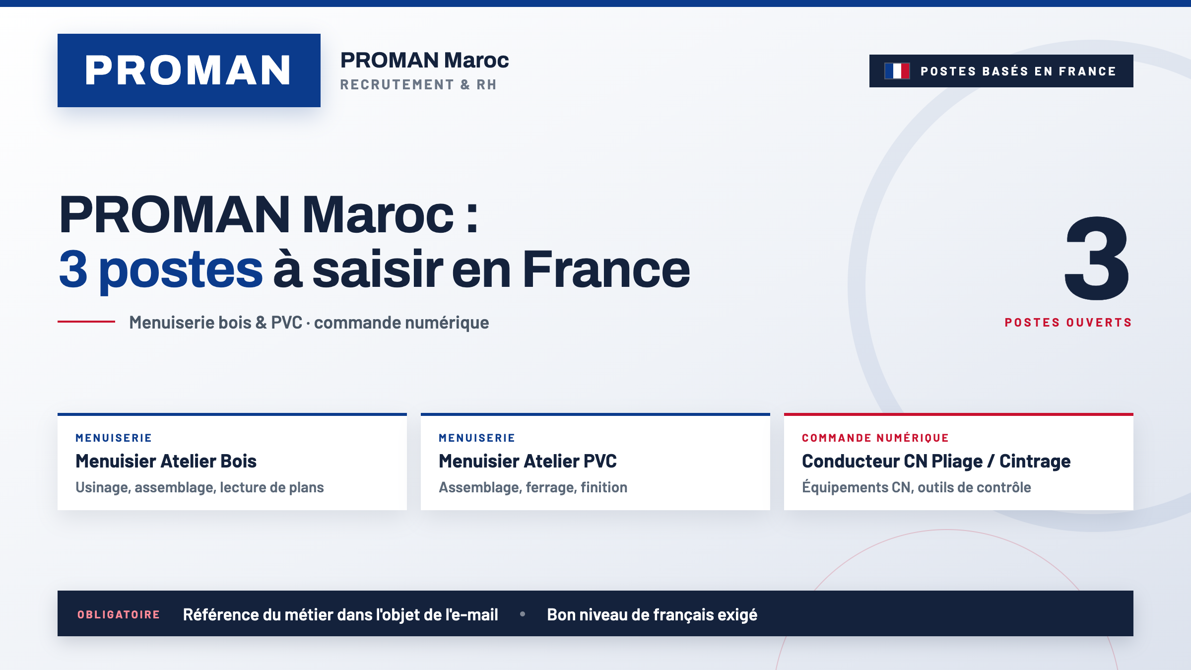 PROMAN Maroc : 3 postes à saisir en France