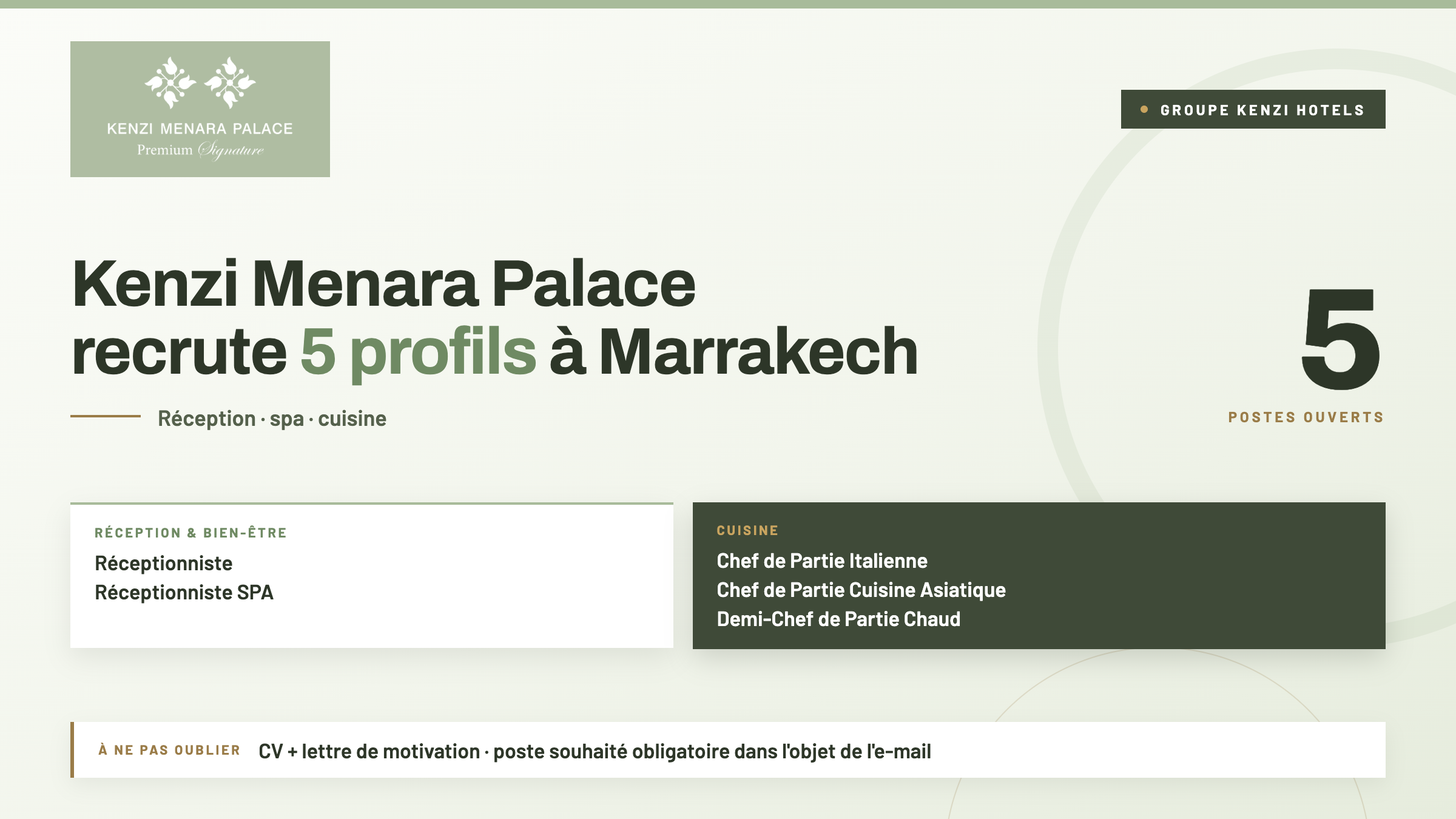 Kenzi Menara Palace recrute 5 profils à Marrakech