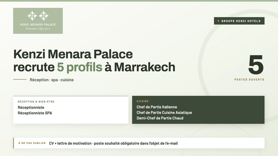 Kenzi Menara Palace recrute 5 profils à Marrakech