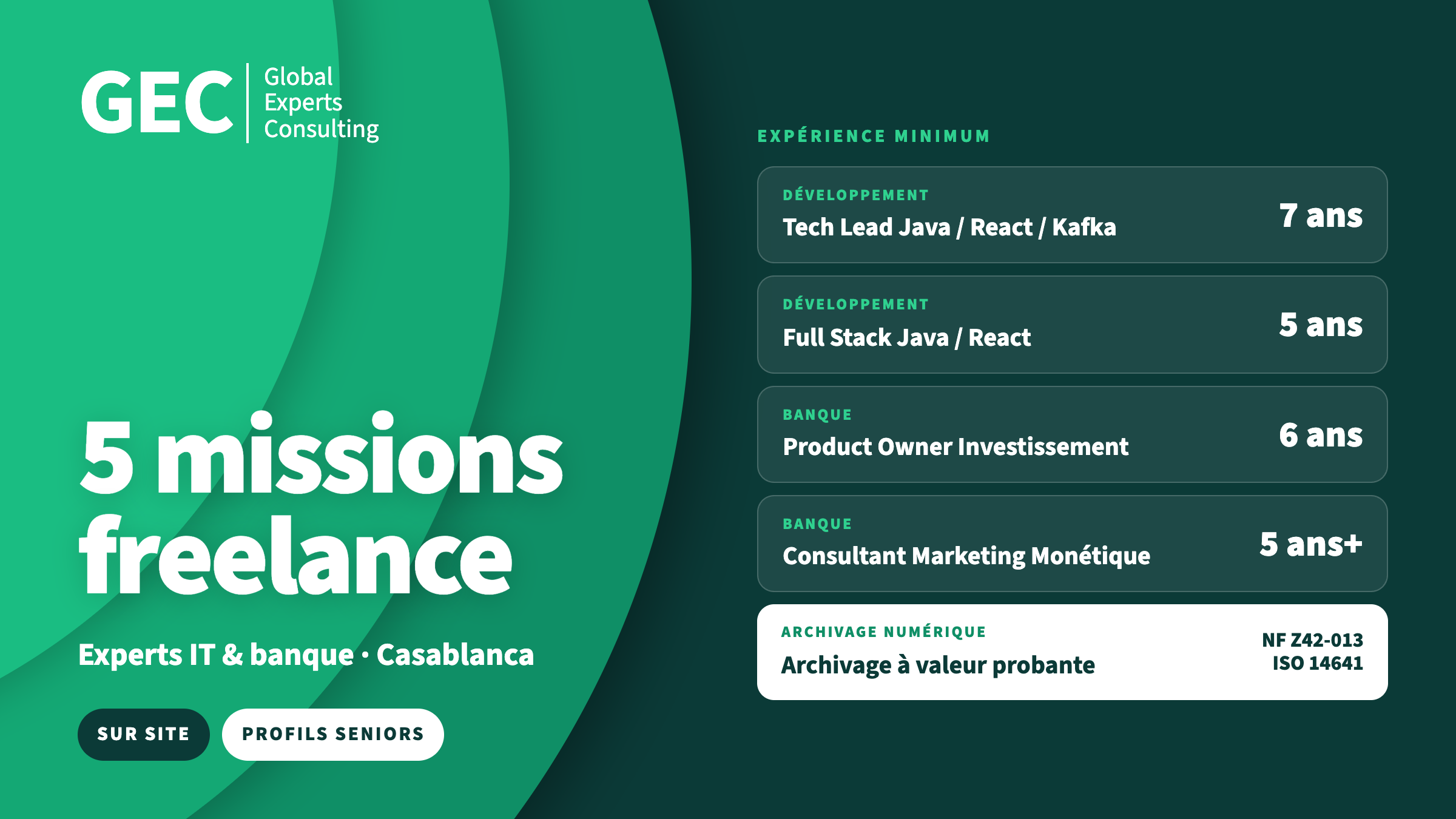 GEC Groupe recrute 5 experts IT et banque à Casablanca, en missions freelance