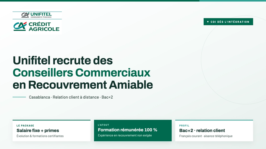 Unifitel recrute des Conseillers Commerciaux en Recouvrement Amiable à Casablanca