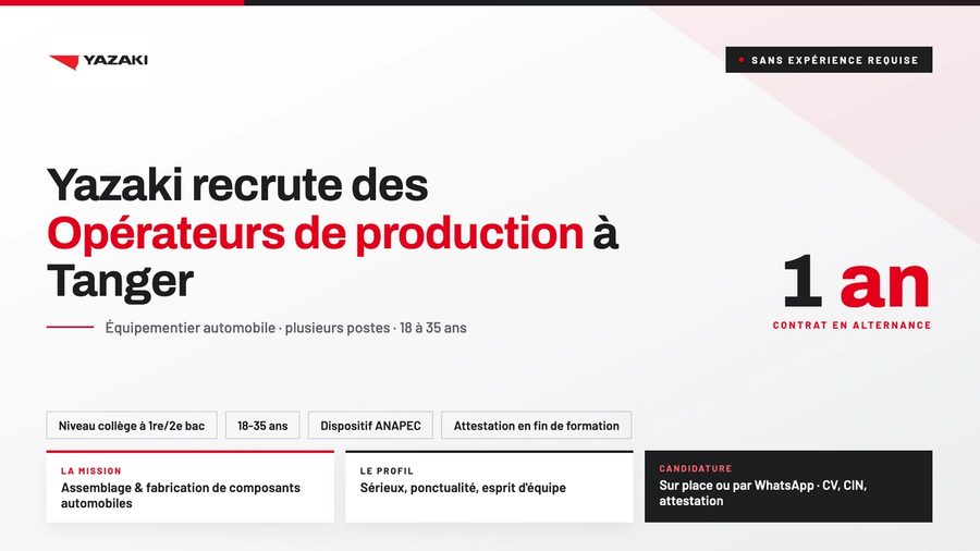 Yazaki recrute des Opérateurs de production à Tanger