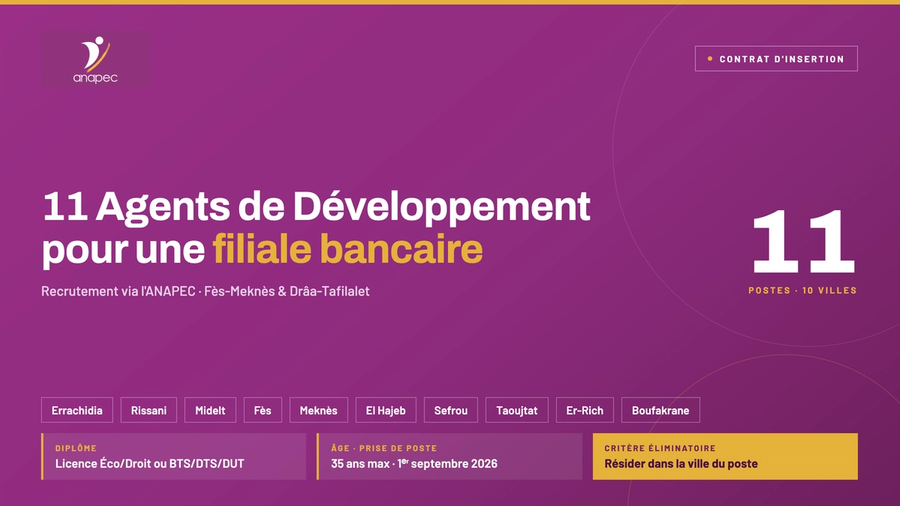 ANAPEC : 11 Agents de Développement recrutés pour une filiale bancaire