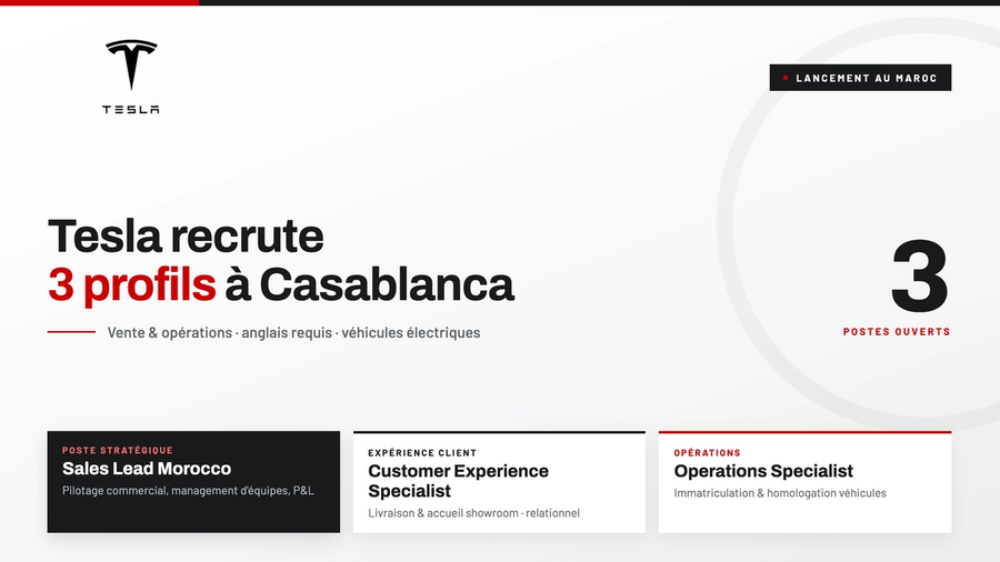 Tesla recrute 3 profils à Casablanca en vente et opérations