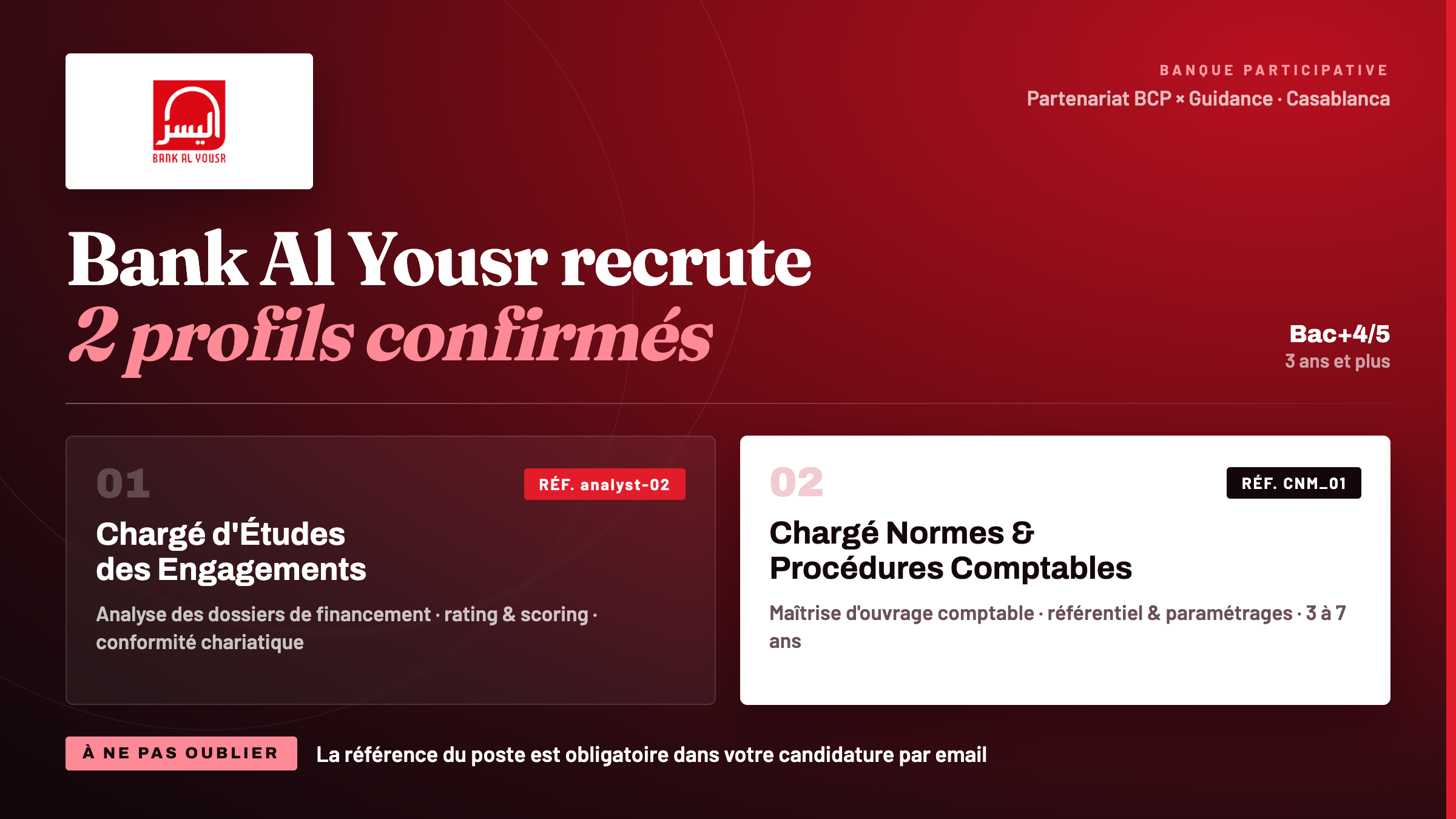 Bank Al Yousr recrute 2 profils confirmés