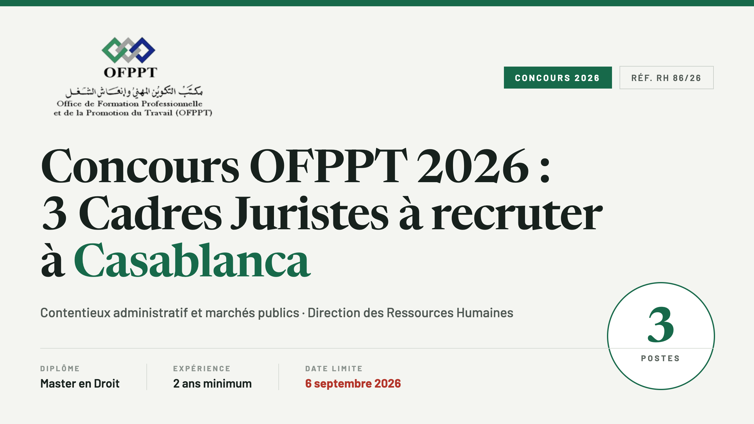 Concours OFPPT 2026 : 3 Cadres Juristes à recruter à Casablanca