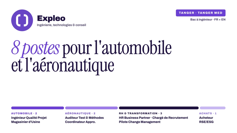 Expleo recrute à Tanger : 8 postes dans l’automobile, l’aéronautique, les achats et les RH