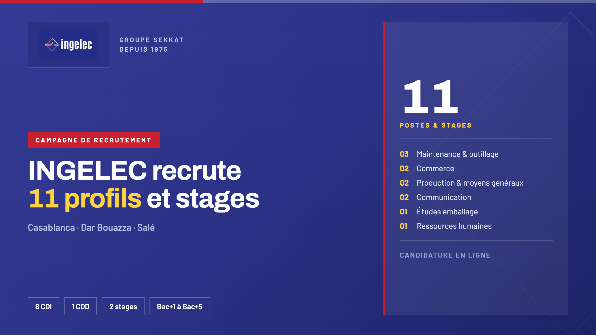 INGELEC recrute 11 profils et stages à Casablanca, Dar Bouazza et Salé