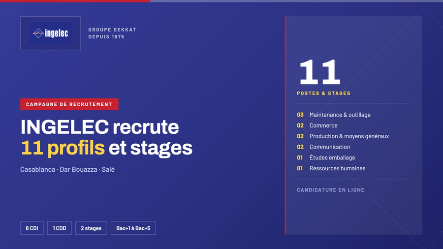 INGELEC recrute 11 profils et stages à Casablanca, Dar Bouazza et Salé