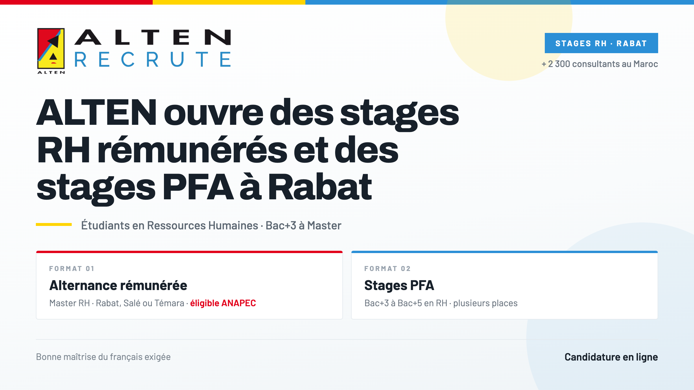 ALTEN ouvre des stages RH rémunérés et des stages PFA à Rabat